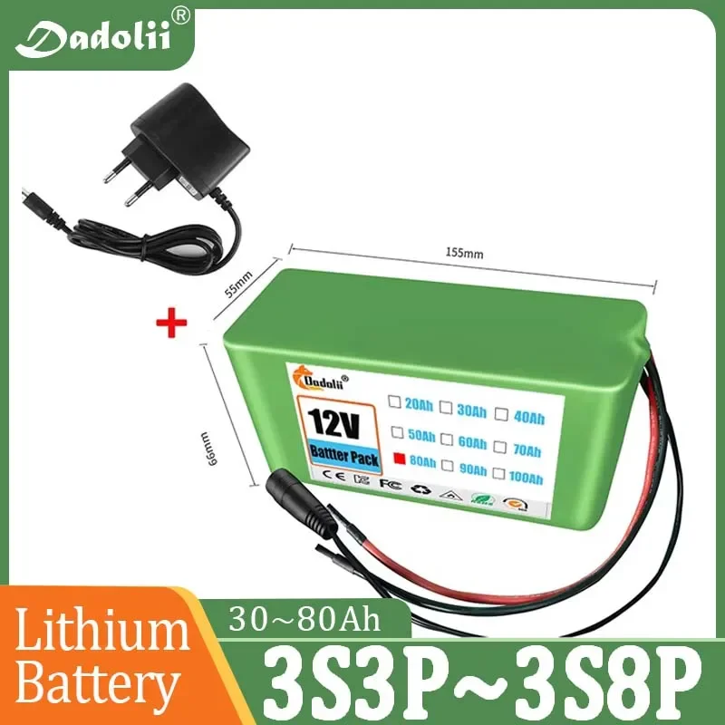 12V 50000mAh Lithium Battery Pack 18650 Rechargeable Battery With BMS Charger 3S5P For Fishing Bicycle Large Capacity Batteries