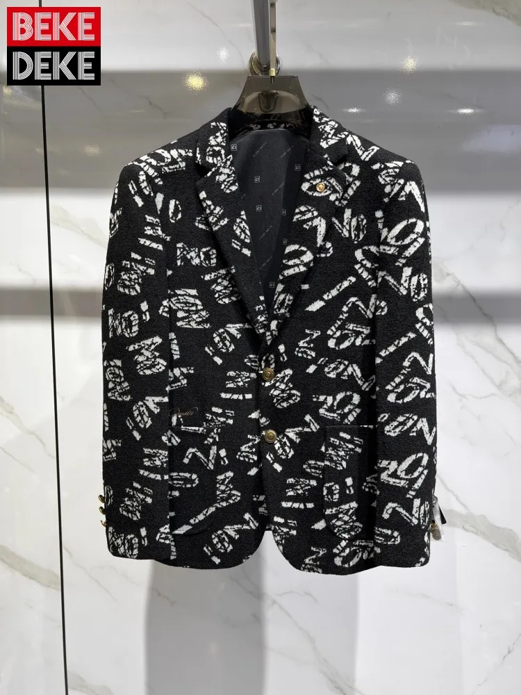 

Fashion Printed Suit Jacket Men Autumn Winer Long Sleeve Office Work High Quality Woolen Blazers Single Breasted Mens Outerwear