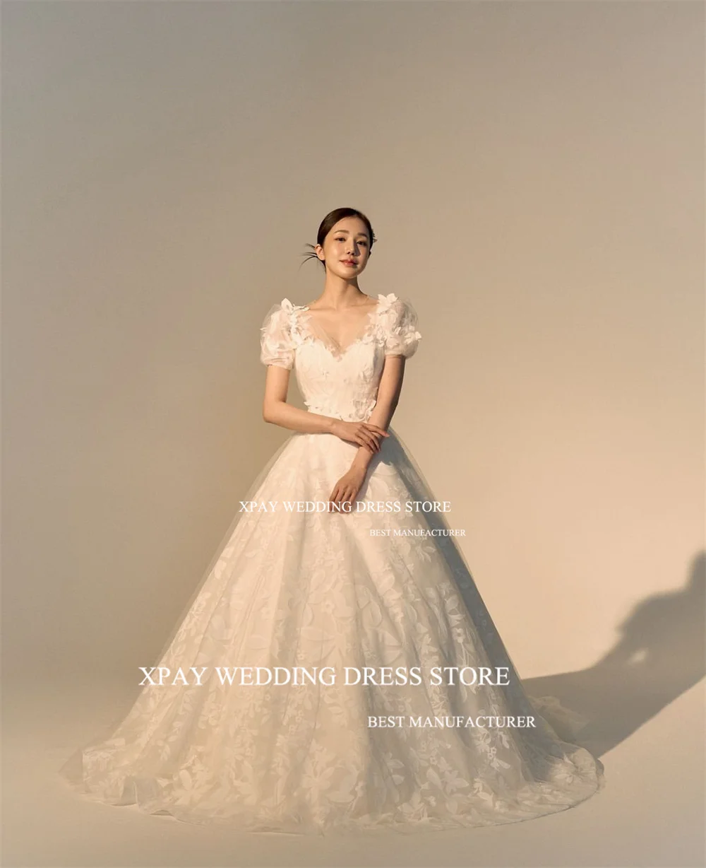 XPAY Exquisite V Neck Korea Wedding Dresses Short Sleeve Ball Gown Lace Appliques Bridal Backless Bride Photo Shoot Dress