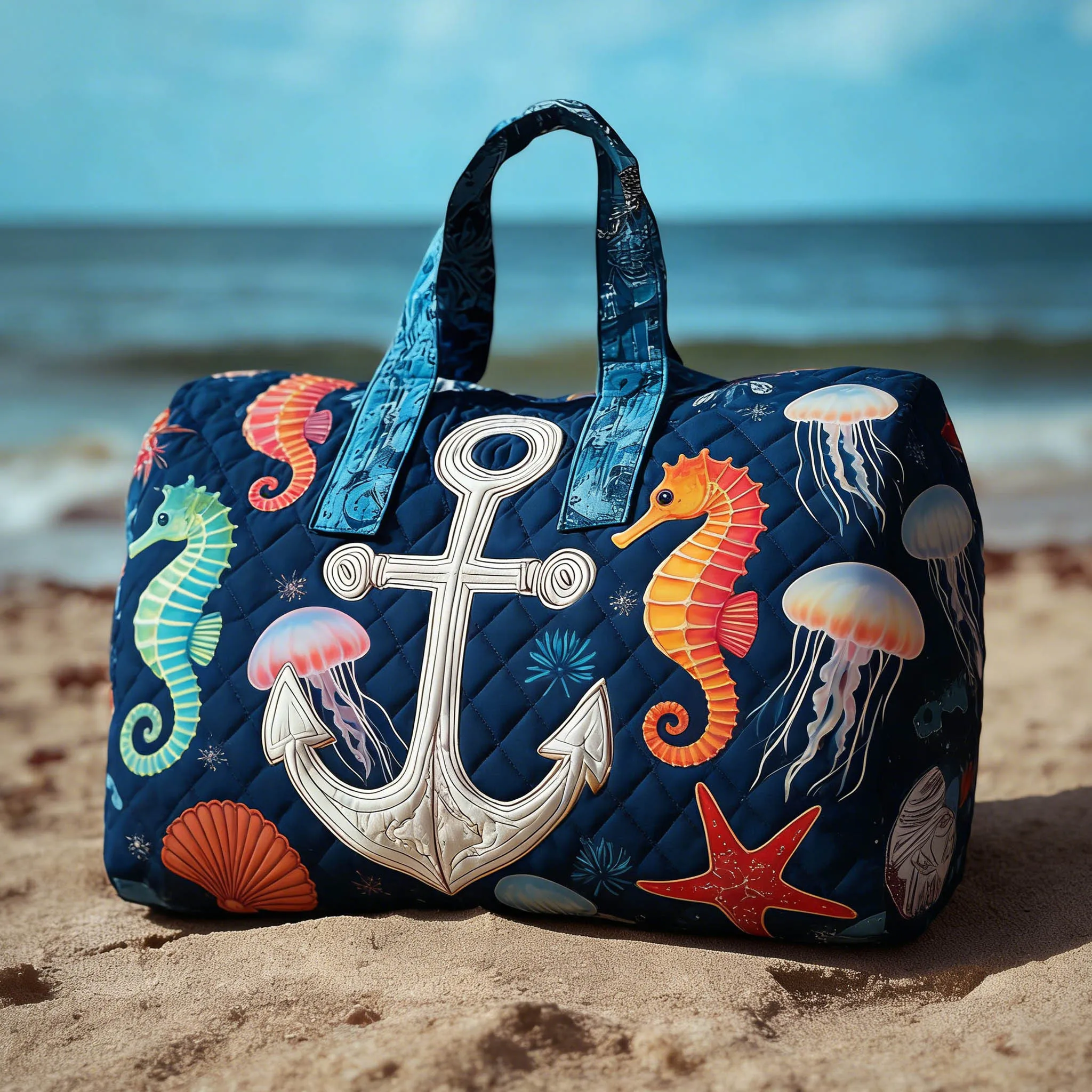 

Сумка-даффл с морским узором (якорь, морской конек), стеганая, для пляжного отдыха, путешествий, круизов, плавания, вместительная дорожная сумка
