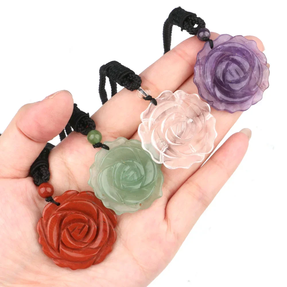 

35mm Rose Flower Shape Natural Stone Pendant for Necklace Round Amethyst Aventurine Quartz Reiki Healing Crystals Charms Jewelry