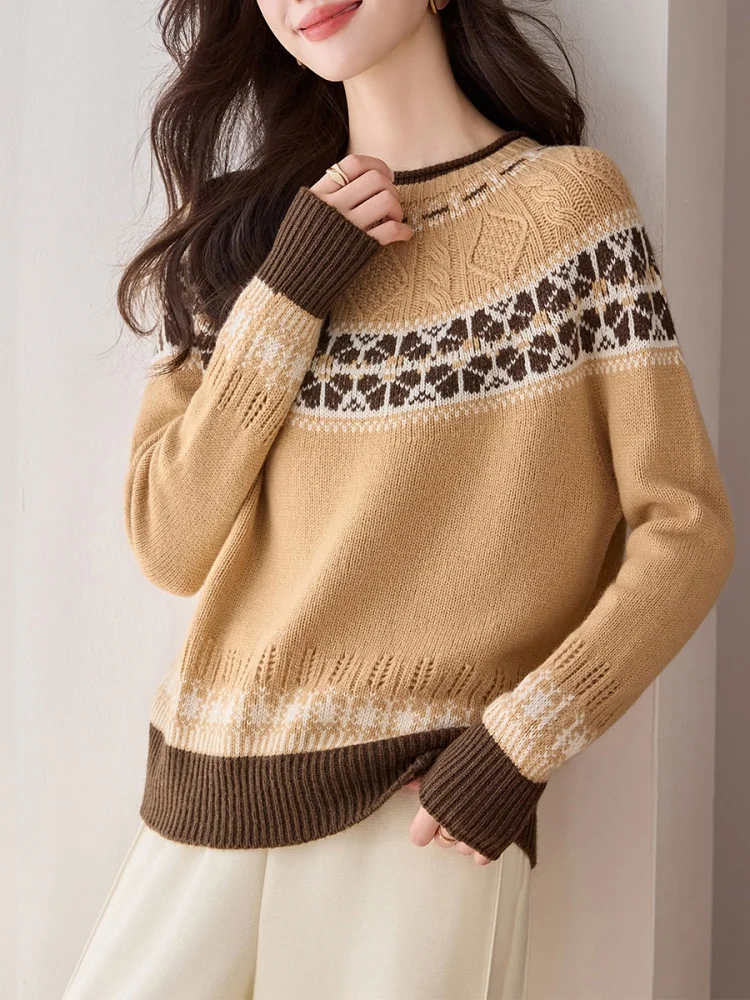 Birdtree, 100% schapenwol gebreide trui, dames retro jacquard warmte tops, o-hals volledige mouw, 2025 herfst/winter trui T5N304JF