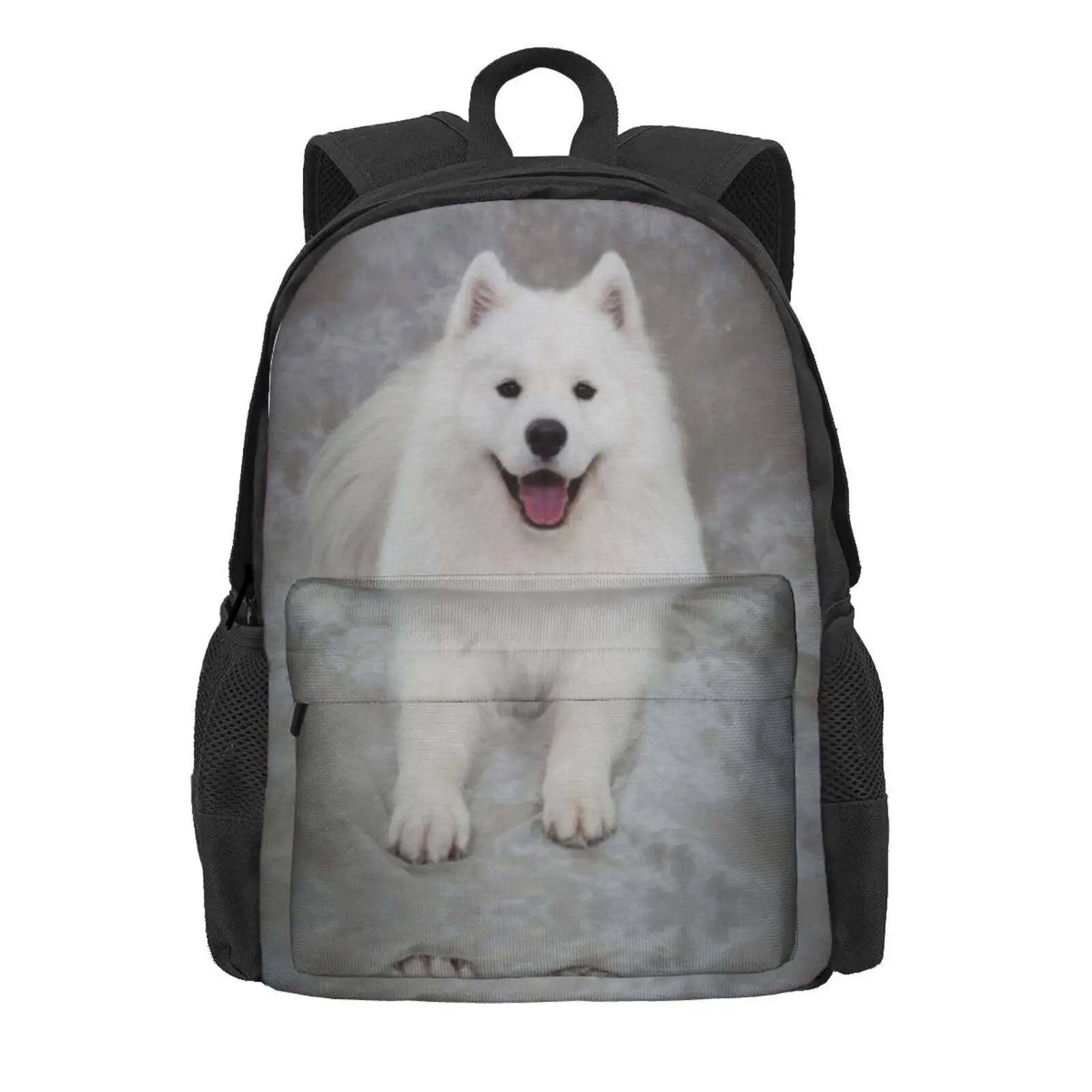 Samoyed Dog, Lying Down, Facing Camera In Studio Hot Sale Schoolbag Backpack Fashion Bags Samoyed White Dog Fluffy Dog Dog