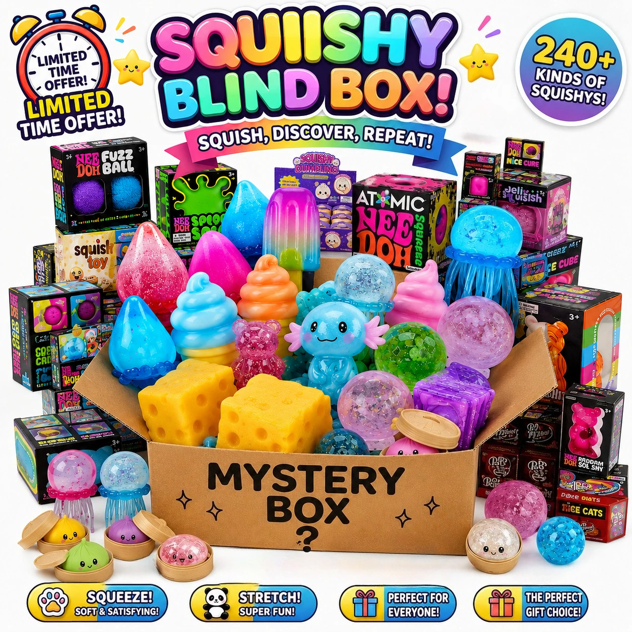 

240+ Styles Squishy Blind Box Mystery Squeeze Fidget Toys Soft Stress Relief Sensory Squishies Surprise Box for Kids Adults Party Favors