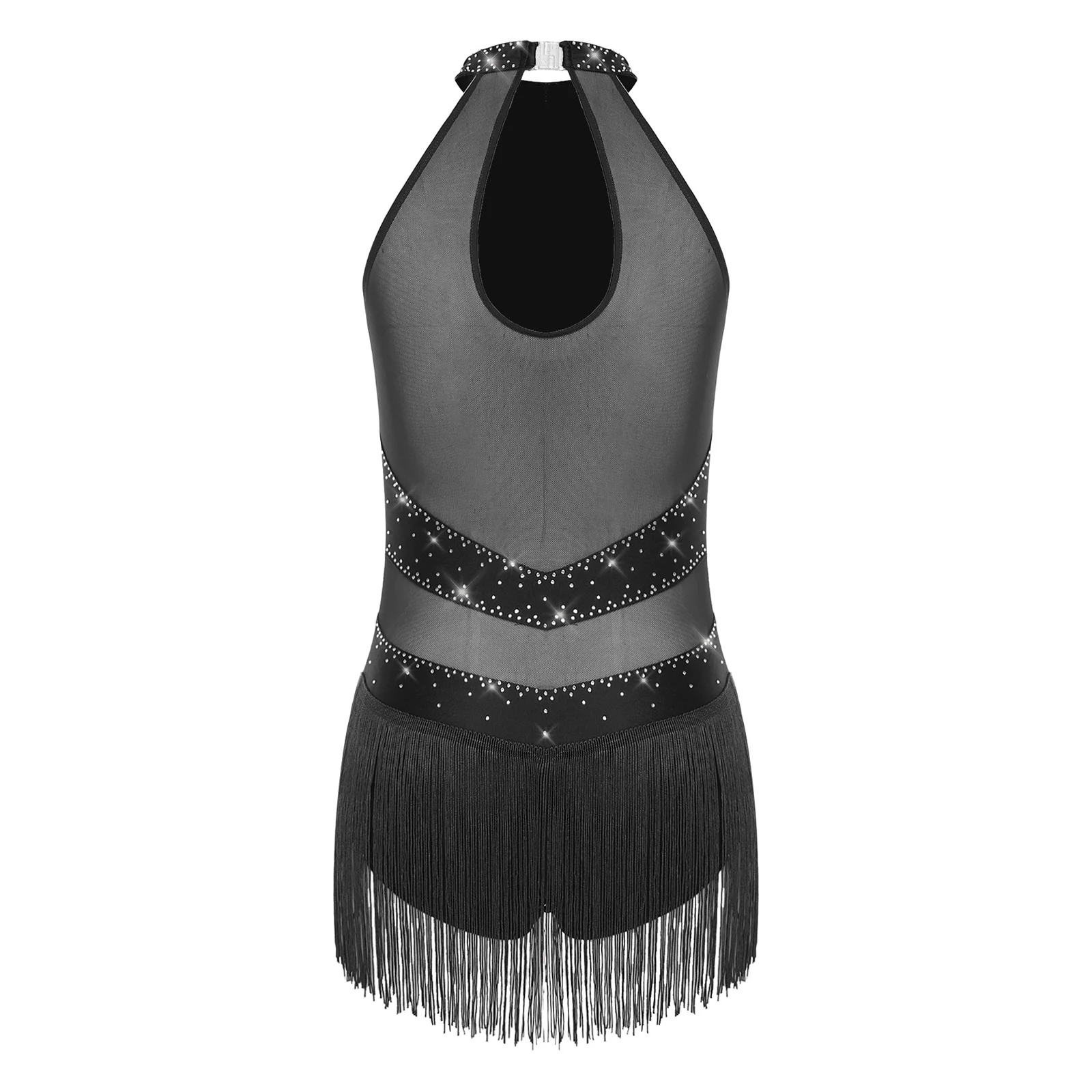 Vestido feminino de dança latina chacha, strass brilhantes, borla, malha, emenda, costas vazadas, body, peça única, collant, roupa de dança