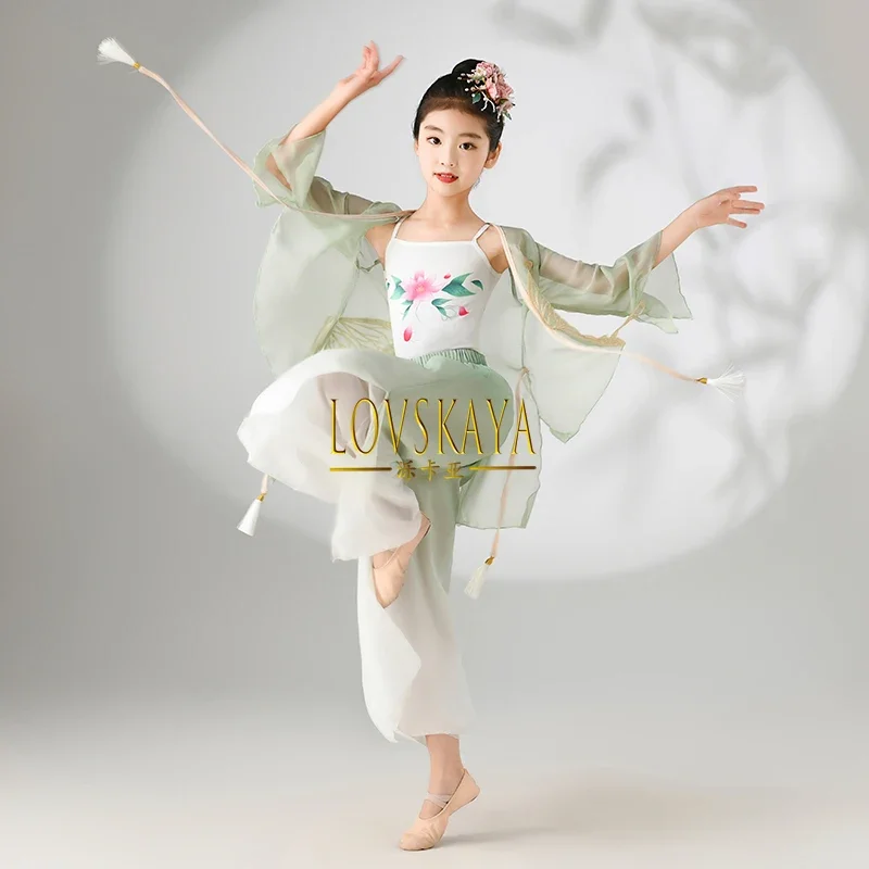 ethnic training clothing Chinese style dance body fan performance clothing Children classical gauze flowing dance clothing