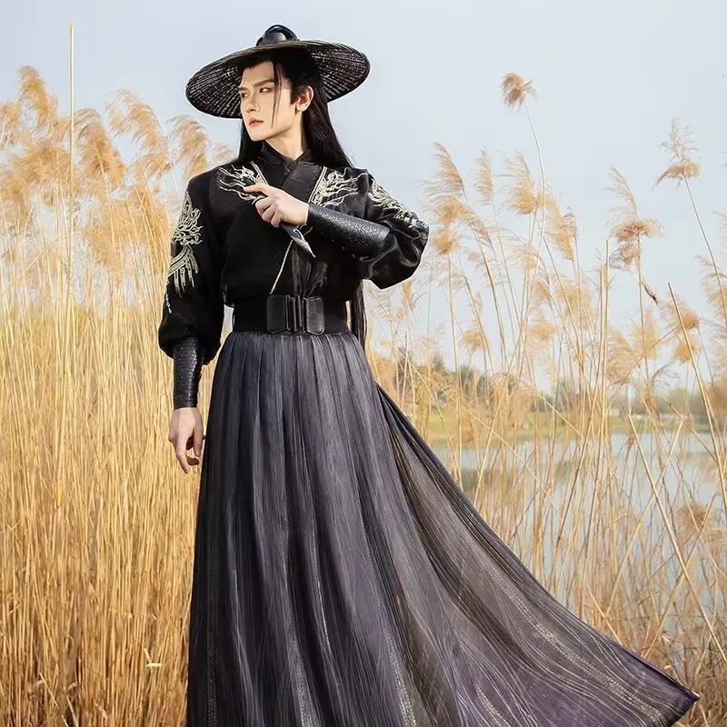 

Большой размер Hanfu для мужчин, карнавальный костюм на Хэллоуин, наряд для вечеринки, китайские древние черно-белые вышитые костюмы Hanfu Tang