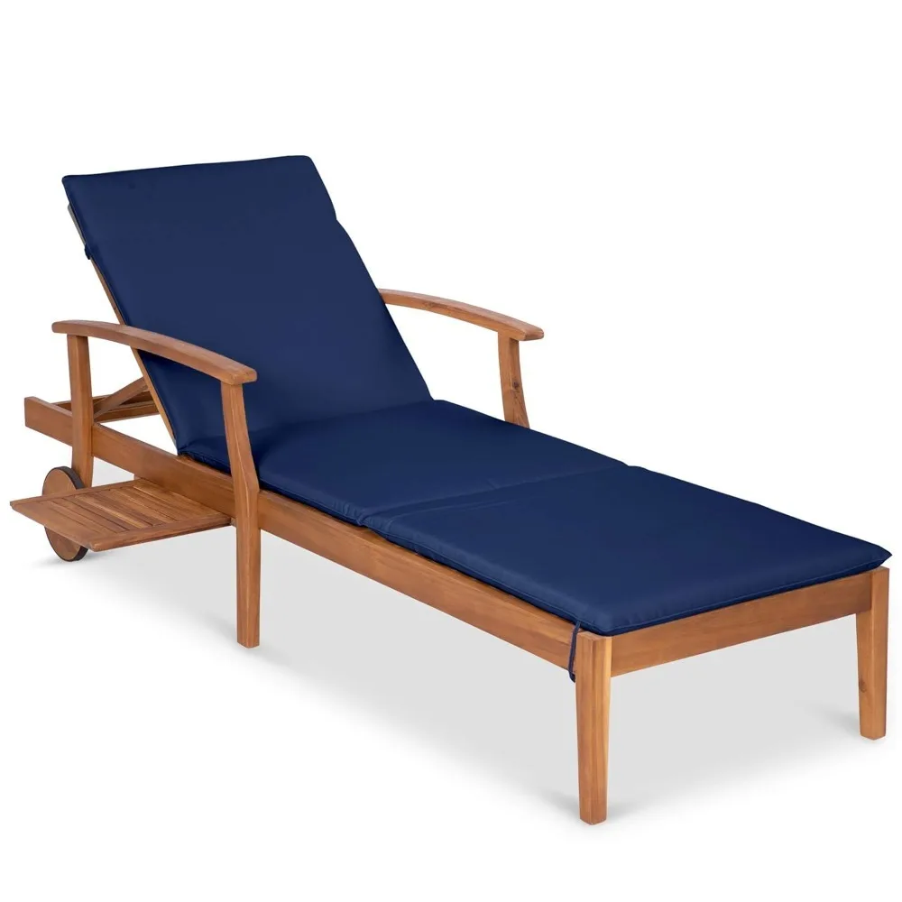 

79x26in Acacia Wood Chaise Lounge Chair Recliner, Outdoor Furniture, Poolside W/Slide-Out Side Table, Customized
