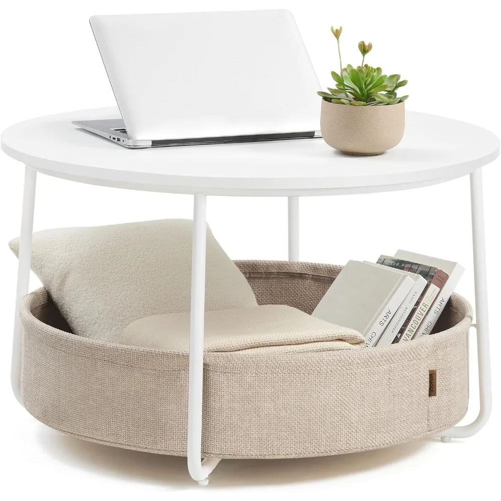 Coffee Table with Storage, Round Center Table for Living Room with Fabric Basket, Modern Style, Metal Frame