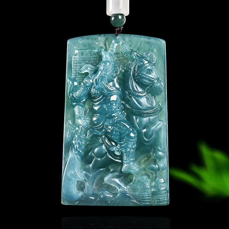 

Natural Jadeite Blue Water Hand-carved Dragon Guan Gong Ice Jade Pendant Necklace Men and Women Couples Fine Jewelry Amulet Gift