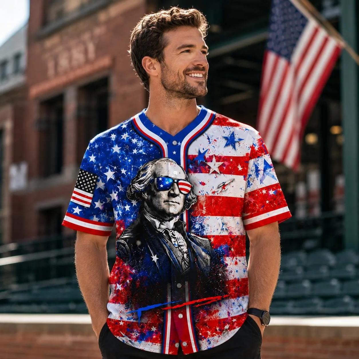 Men’s Patriotic America 250 Baseball Jersey - 1776-2026 USA Flag, George Washington Print, Short Sleeve Button Down Top for 4th