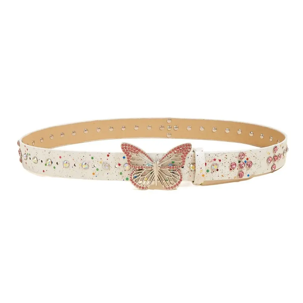 Adjustable Butterfly Rhinestone Belt Hollow Wide Side Butterfly Waistbands Y2k Korean Style PU Leather Waist Belt