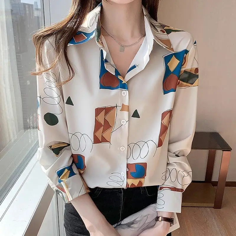 Vintage Elegant Chic Print Commute Ladies Tops Blouses Spring Autumn Fashion Casual Loose Long Sleeve Button Up Shirts for Women