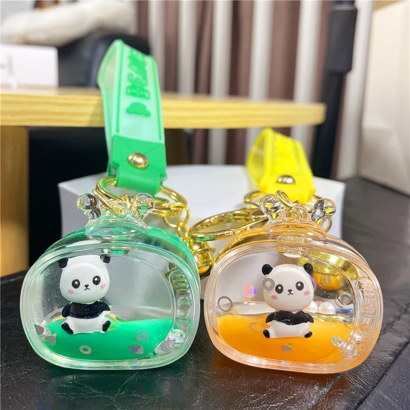 Cartoon Oil Cute Panda Doll TV Drift Bottle Key Chain Creative Liquid Quicksand Floating Pendant Keychain Bag Hanging Ornament