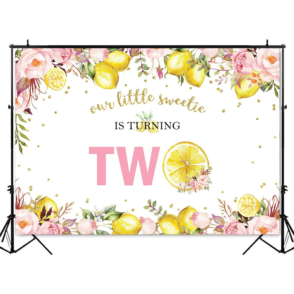 Lemon Backdrop for Second Birthday Party Banner Pink Floral Little Sweetie Girls Newborn Kids Portrait Photo Background Studio