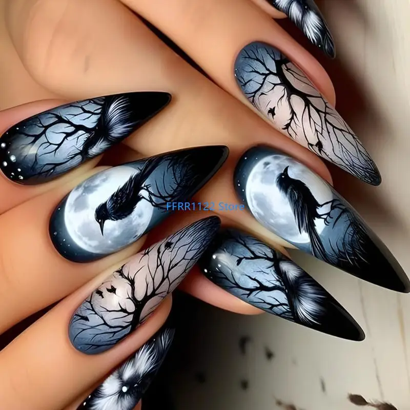 

Y1UF Long Almond Press on with Crow Branch Designs Artificial Full Cover on Acrylic for Women 24Pcs
