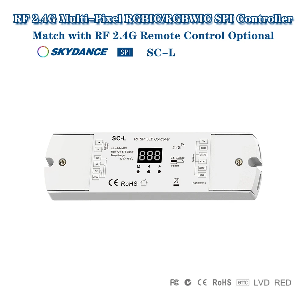 Skydance SC-L DC5-24V 2.4GHzRF + Interruptor SPI 900Pixels Controlador TTL Para WS2811 WS2812 WS2813 WS2815 RGBIC/RGBWIC LED Strip