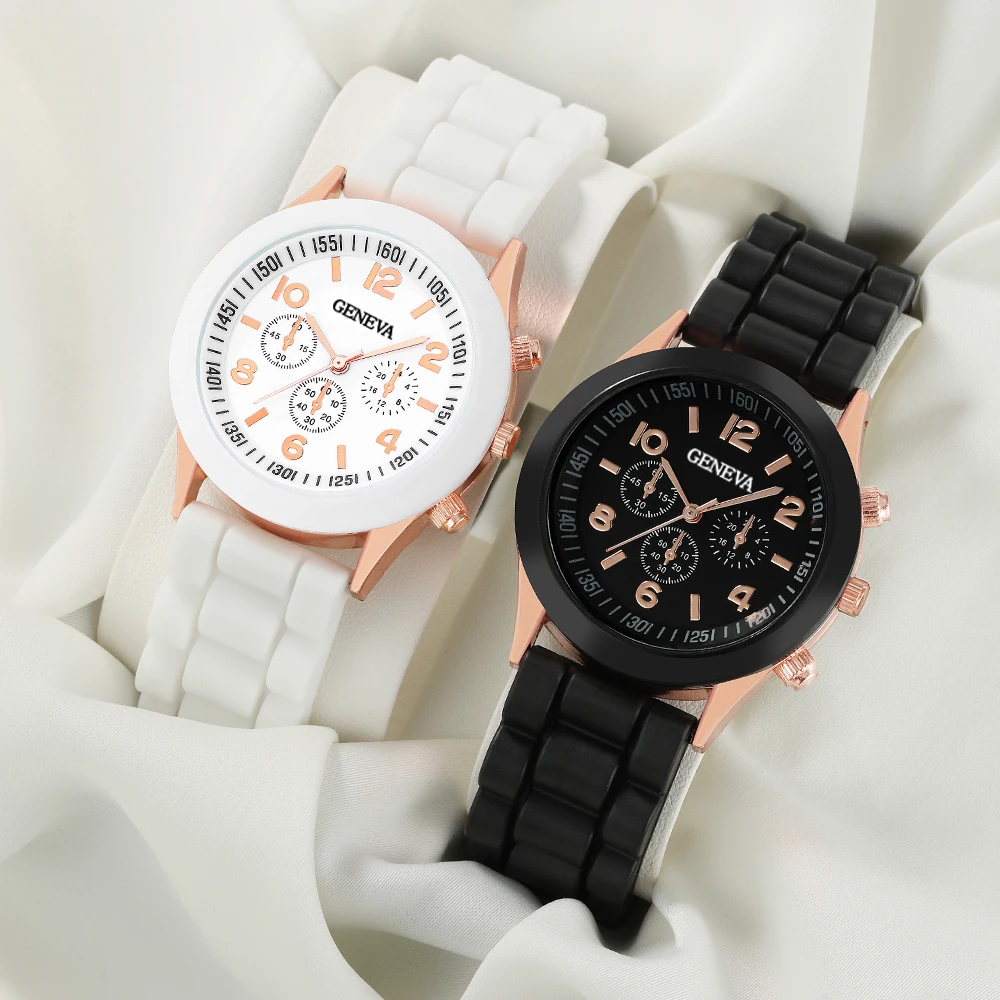 2pcs/set Casual Fashion Quartz Watch Black White Unisex Watches For Men And Women