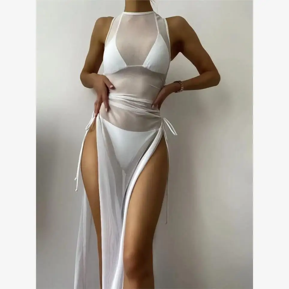 

Летний комплект пляжной одежды 2023: накидка-бикини и термокомплект для молодых женщин, однотонный сетчатый купальник из двух частей