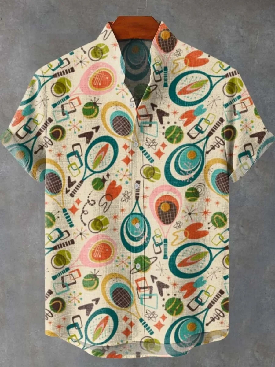 2025 masculino raquete de tênis padrão camisa de manga curta verão vintage nova camisa de linho masculino de manga curta lazer férias streetwe