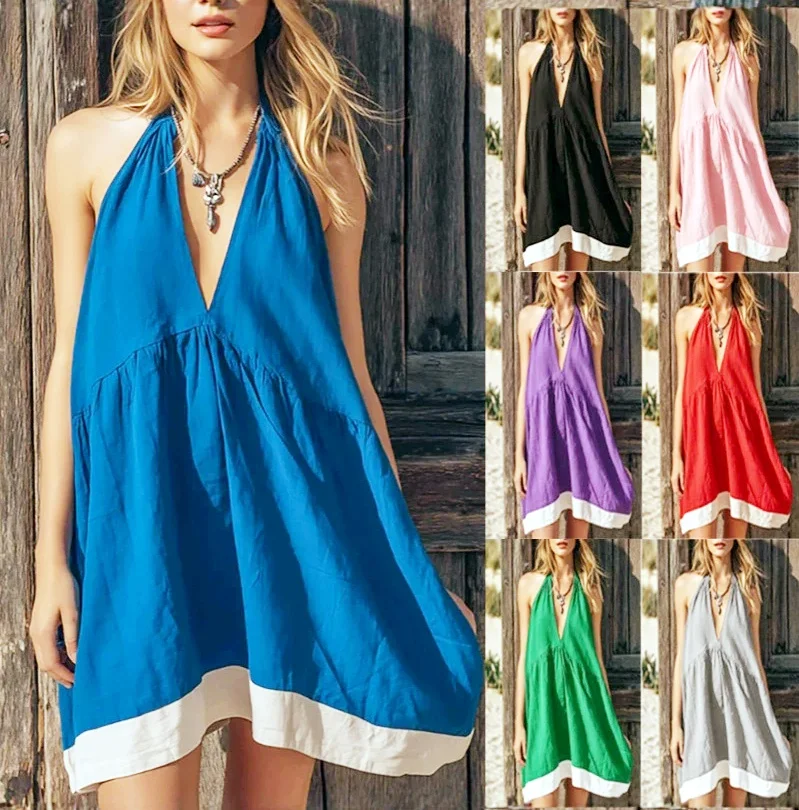 Cotton Linen Hanging Neck Patchwork Deep V Sleeveless Loose Vacation Dress Women Strap Camis Halter Holiday Midi Dress Dresses
