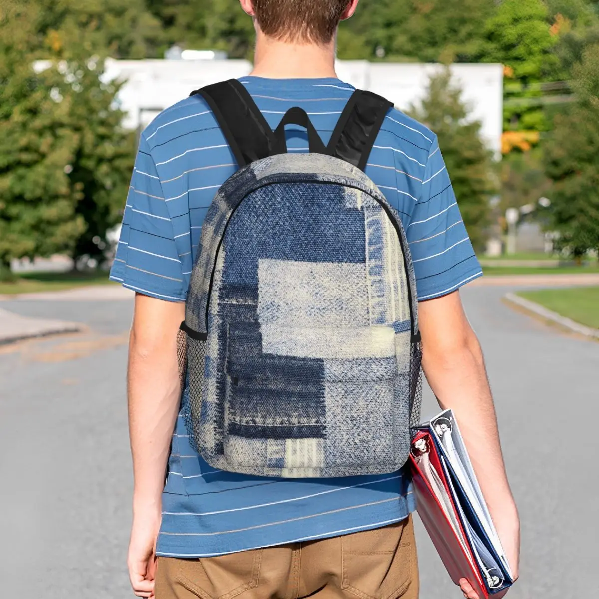 Blue Faux Denim Patchwork Quilt Design Backpack Student BookBag Children School Bag Computer Shoulder Bags for Men Women
