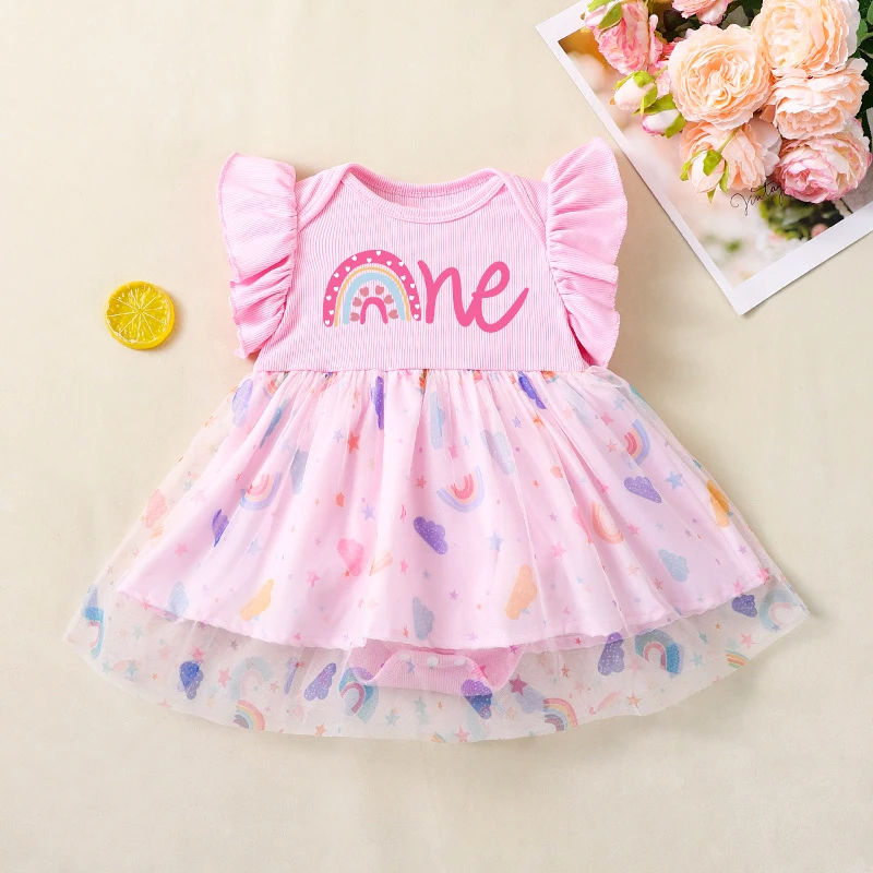 

Pink Baby Girl First Birthday Dress Flying Sleeves Princess Boho Rainbow One Dress Romper Litter Girl Birthday Party Wear Summer