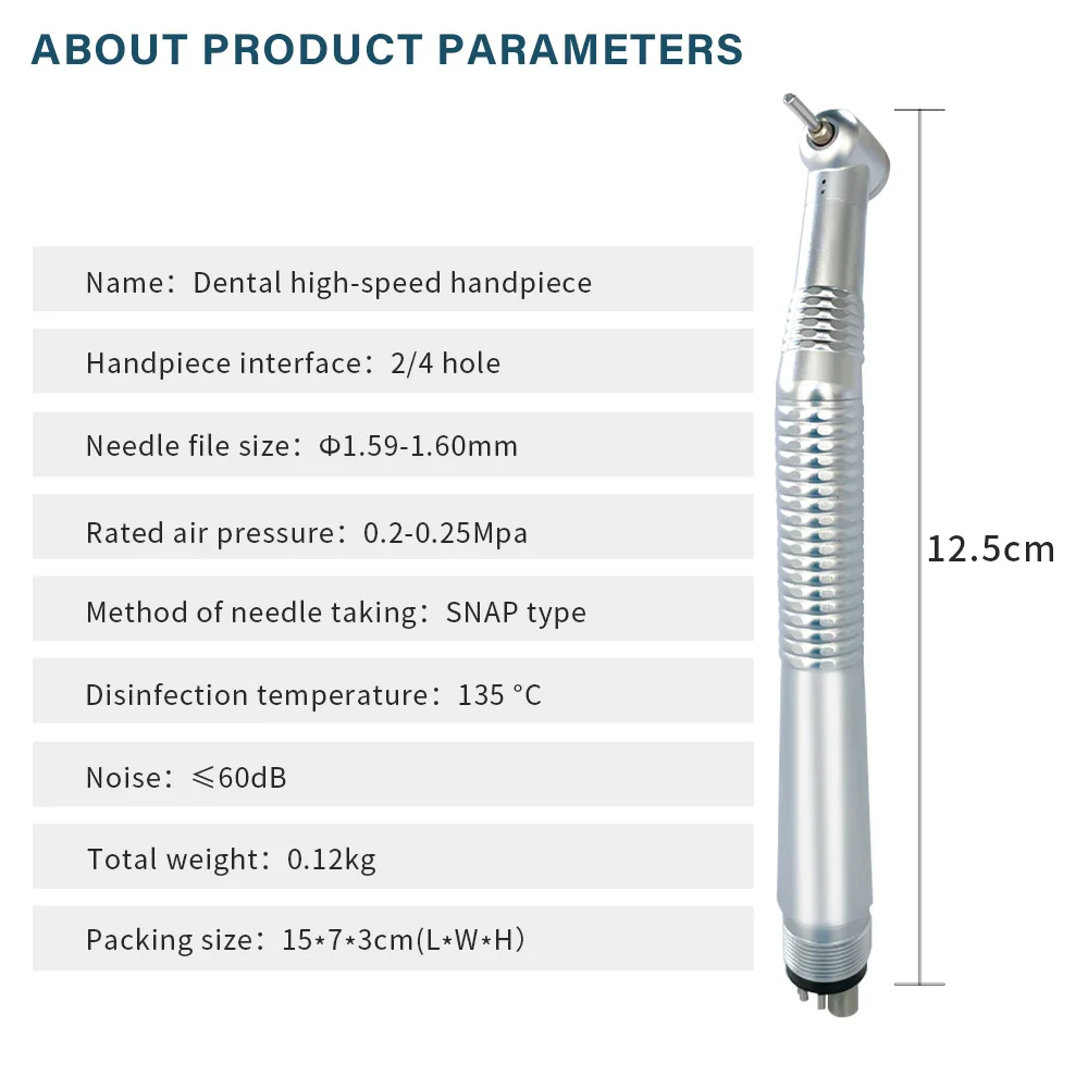 Dental High Speed Handpiece Standard Head Push Button Turbine Sterilizable 135℃ Single Way Spray Dentistry Turbine Handpiece