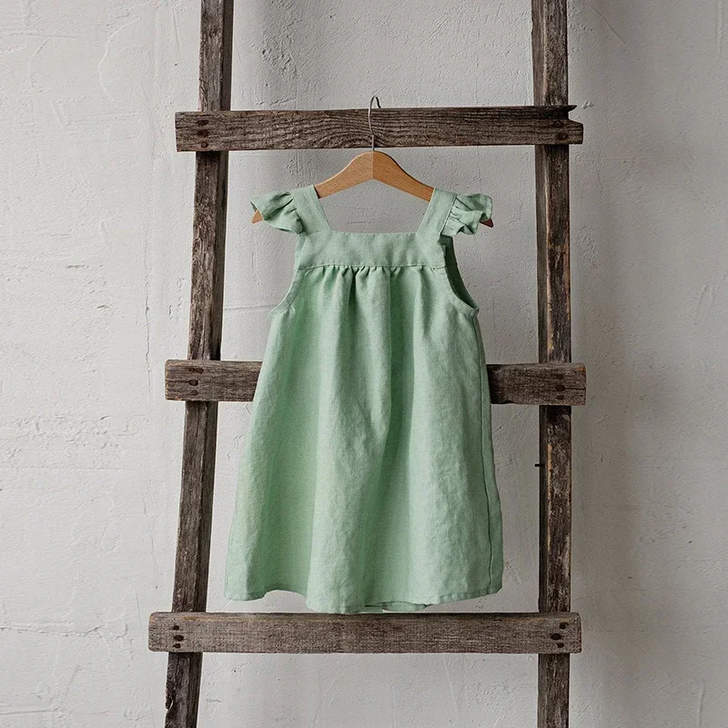 Children Girls\' Linen Dress 2026 Summer New Literary Petal Sleeves Loose Baby Girl Strap Princess Dresses TZ04