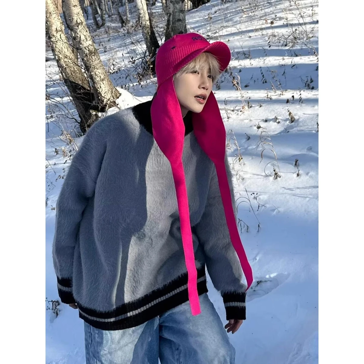 Herren Winter Faion Strickpullover mit hohem Kragen, Nerz-Samt, lockere Passform, Farbe Blo, flauschige Oberbekleidung, lässige Passform, Polyesterfaser