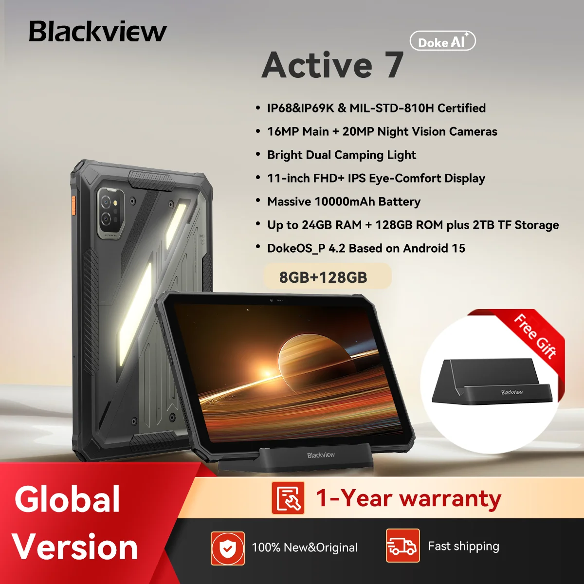 

Blackview Active 7 Rugged Tablet, 11" FHD Display, IP68 IP69K, 8GB+128GB, 10000mAh Battery 45W Fast Charge, Android 15 Tablet PC