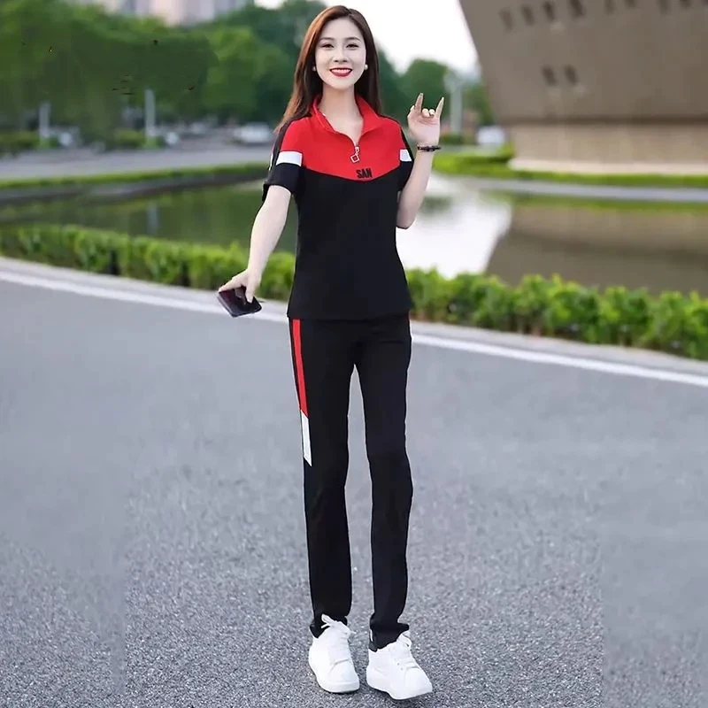 

Летний женский повседневный комплект: разноцветная футболка с коротким рукавом и длинные брюки - модная легкая дышащая спортивная одежда для бега