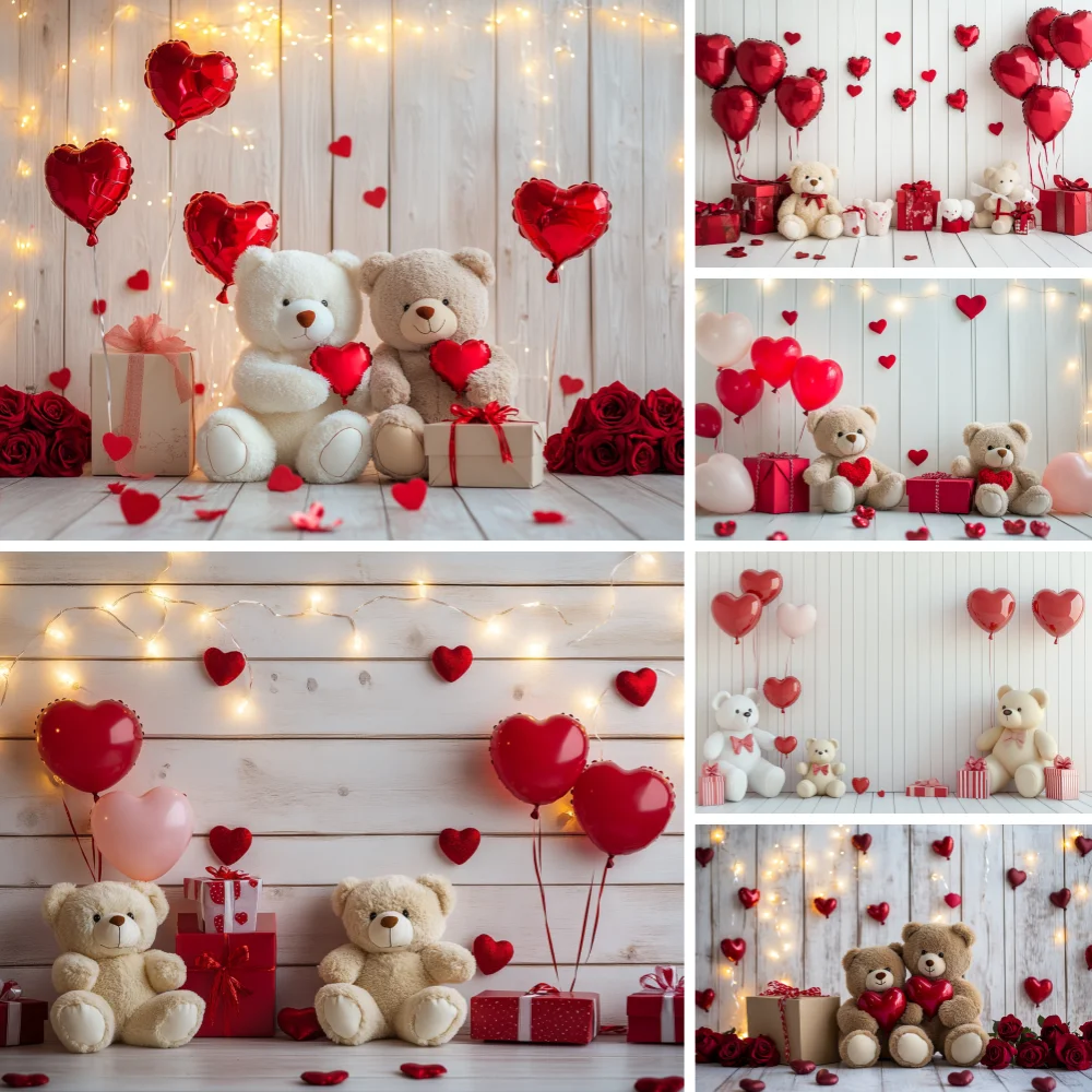 Valentines Decoration Backdrop for Photography Little Bear Background Couple Portrait Heart Balloon Drapes Curtain Photo