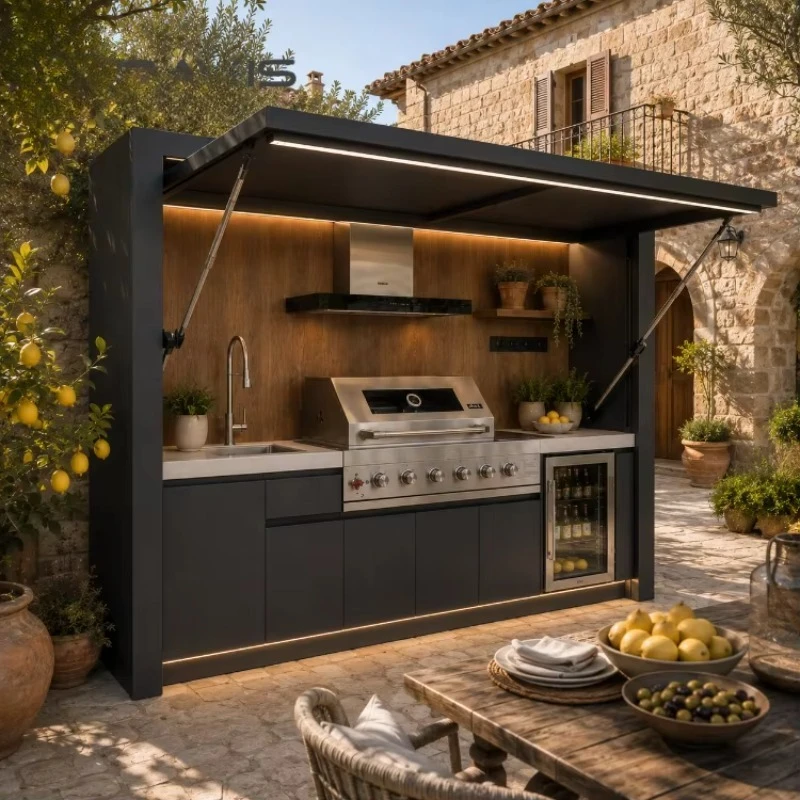 Integrated Outdoor Kitchen Pod for Patio Resort and Villa Use Luxury Outdoor Cooking Station with Grill Sink and Cabinet
