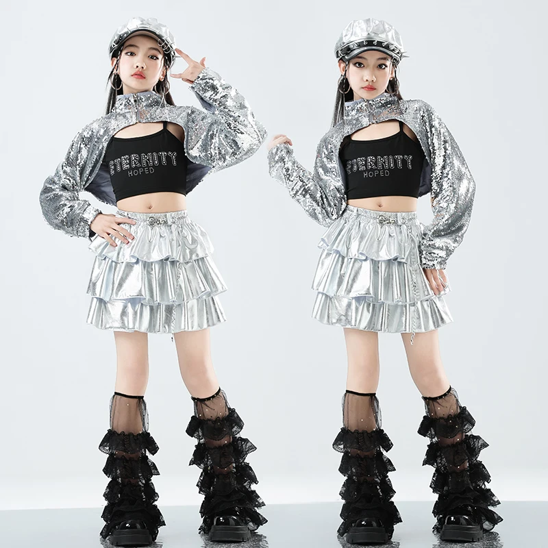 Mädchen K-pop Kleidung Pailletten Crop Tops Street Dance Rock Kinder Hip Hop Jazz Kleidung Sets Kinder Streetwear Mädchen Gruppe kostüm