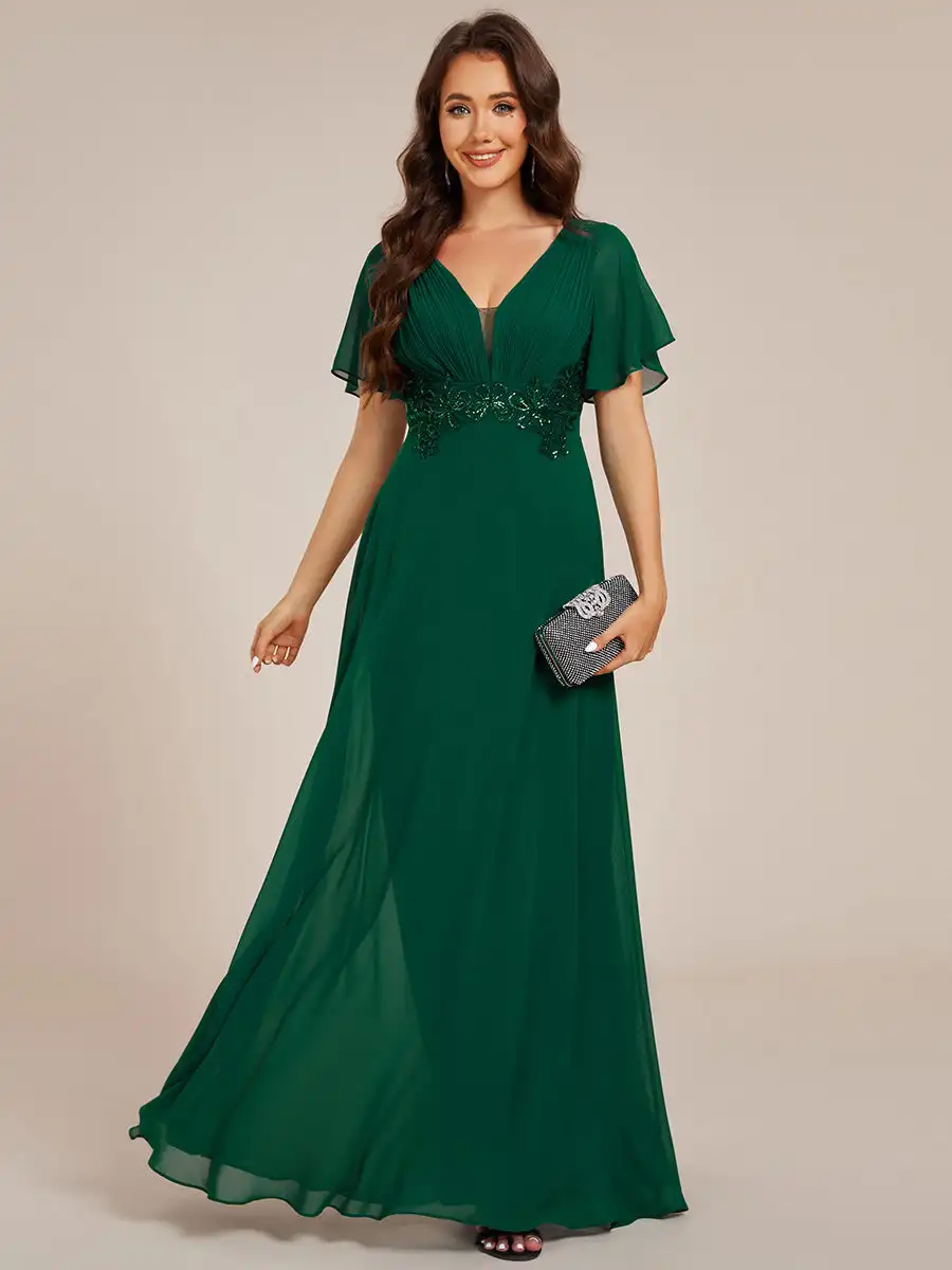 Elegant Evening Dress V-neck Ruffles Sleeve Pleated Applique Decoration 2024 Ever Pretty of Chiffon Dark Green Bridesmaid Dress