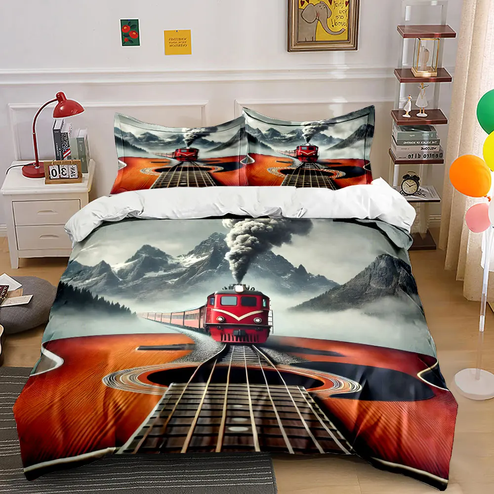 

Guitar Blended with Train Scenery Print Bedding Set 1 Duvet Cover 2 Pillowcases for Adult and Children Luxury Gift Full Size