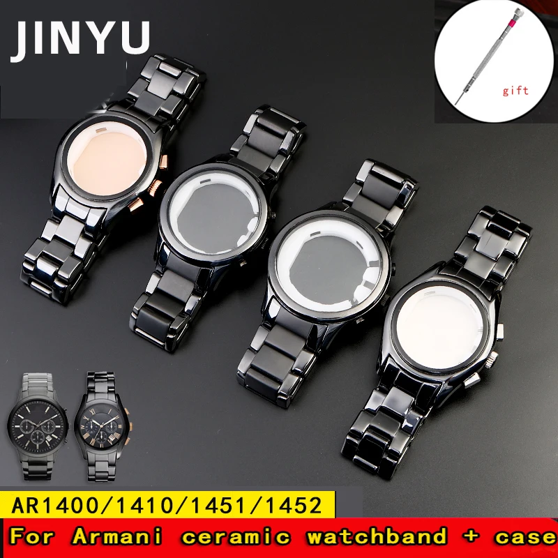 For Armani AR1452 AR1451 AR1410 AR1400 Ceramic watchband and case High Quality Black men Strap Bracelet Accessories 22mm 24mm