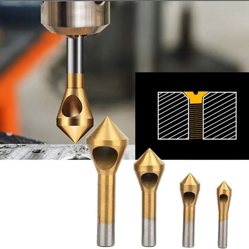 

4pcs Chamfer Tool Round Shank Countersink Drill Bit 90 Degree Titanium Coated Wood Chamfer Drill Bits Set for Wood PVC Board