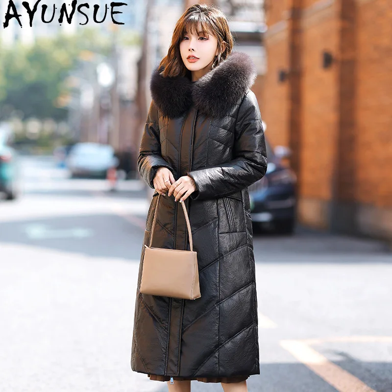 AYUNSUE Mid-length Sheepskin Women's Genuine Leather Jacket Winter Clothes Women Warm Fox Fur Collar Fashion Down Coats Hoodie