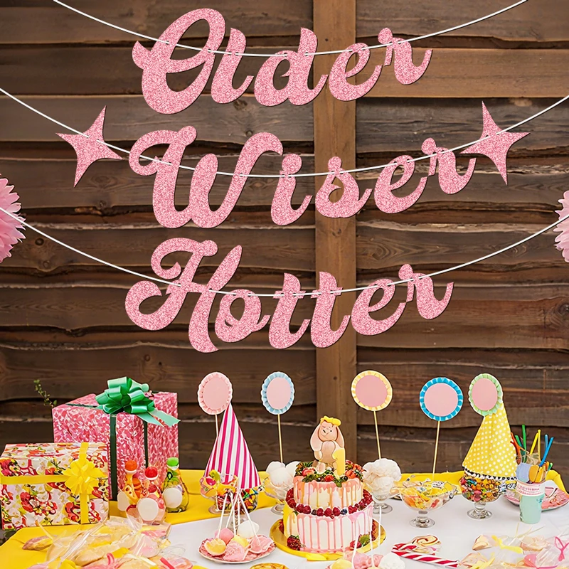 YOMDID Glitzer-Banner „Older Wiser Hotter“ mit Sternen, Geburtstagsparty-Banner für Halloween, Weihnachten, Innen- und Außendekorationen – Detail 9