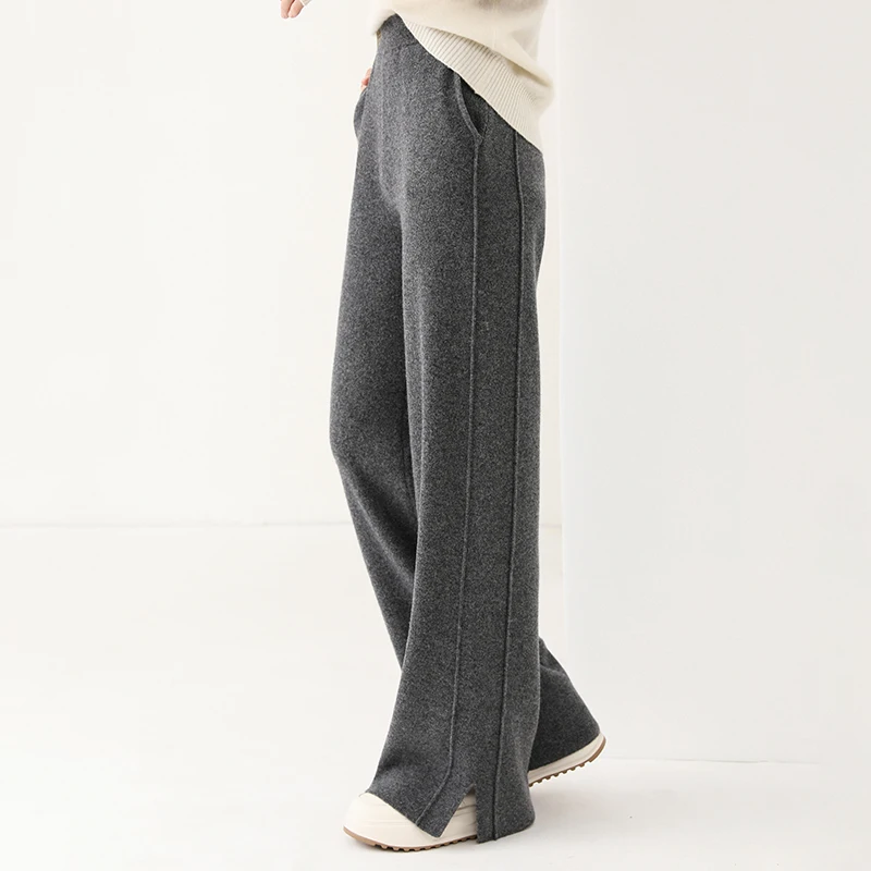 Women Wool Wide Leg Trousers Elastic Waist Side Slit Cashmere Pants Autumn Winter 100% Merino Wool Knitted Soft Warm Trousers