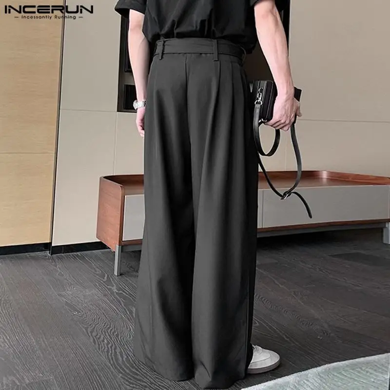 INCERUN Men Pants Solid Color Button Joggers Loose Casual Wide Leg Straight Trousers Men With Belt Streetwear 2024 Lace Up Pants