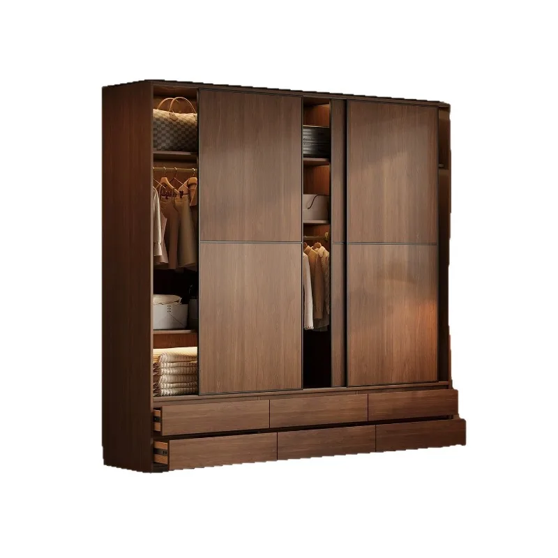 Solid wood wardrobe modern simple walnut wardrobe home sliding door cabinet bedroom locker floor with drawers