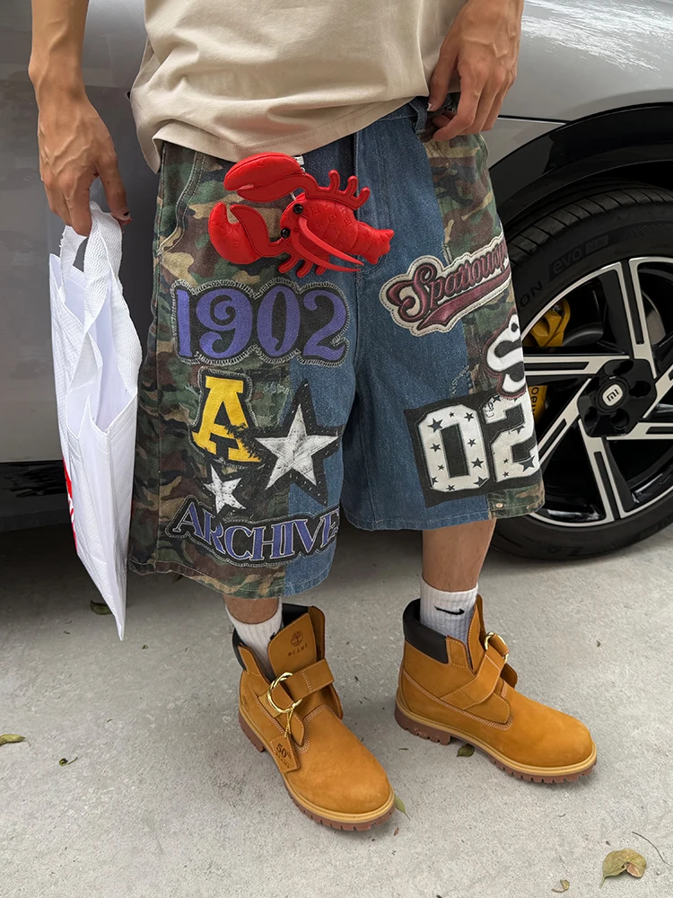

Vintage Street Camouflage Print Five-Point Short Jeans Loose Wide Leg Shorts Unisex Summer American Hip Hop Fashion Men Clothing