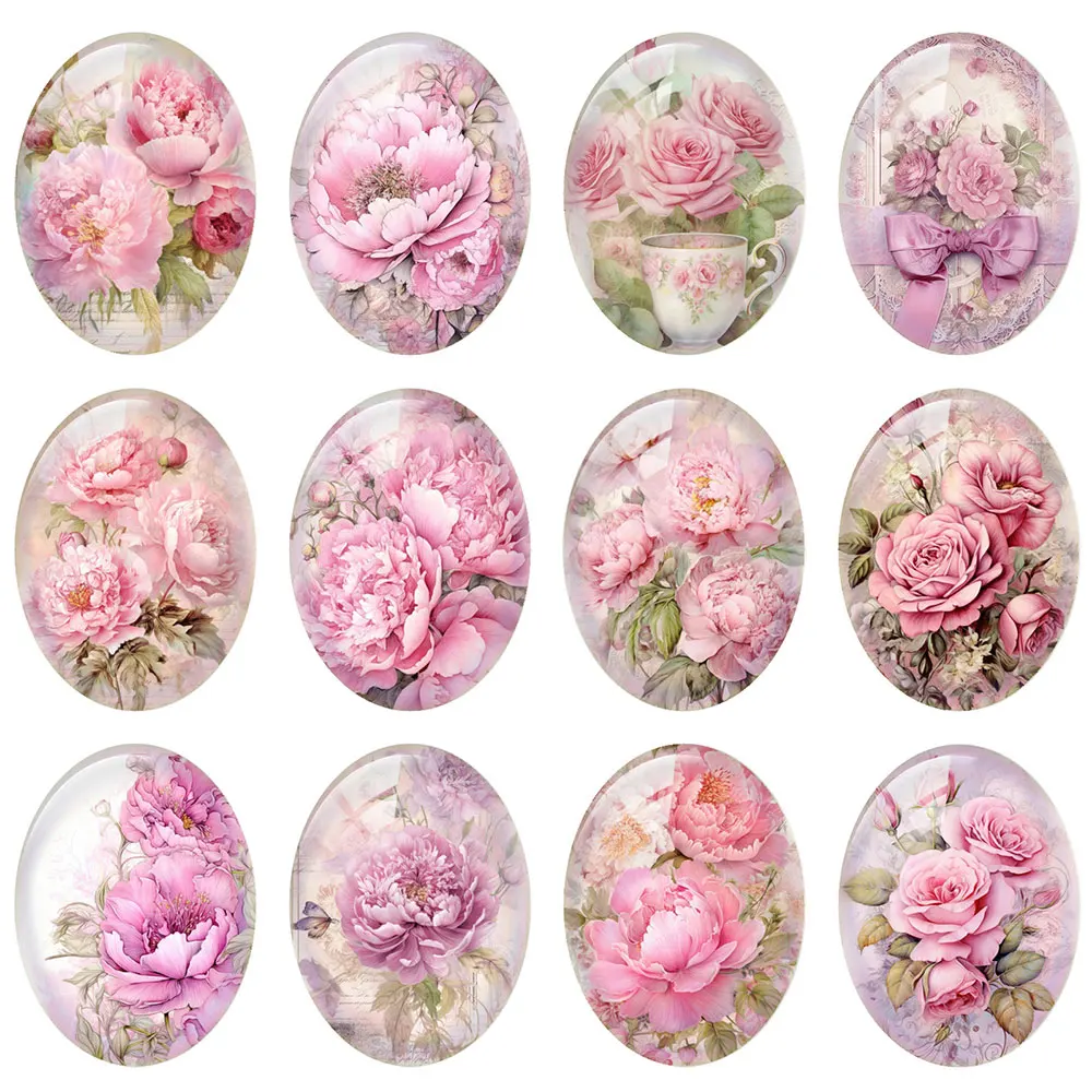 

10pcs/lot Retro Pink Rose Peony Flower Oval Photo Glass Cabochon Flatback Demo Flat Back Cameo For Diy Jewelry Making Supplies