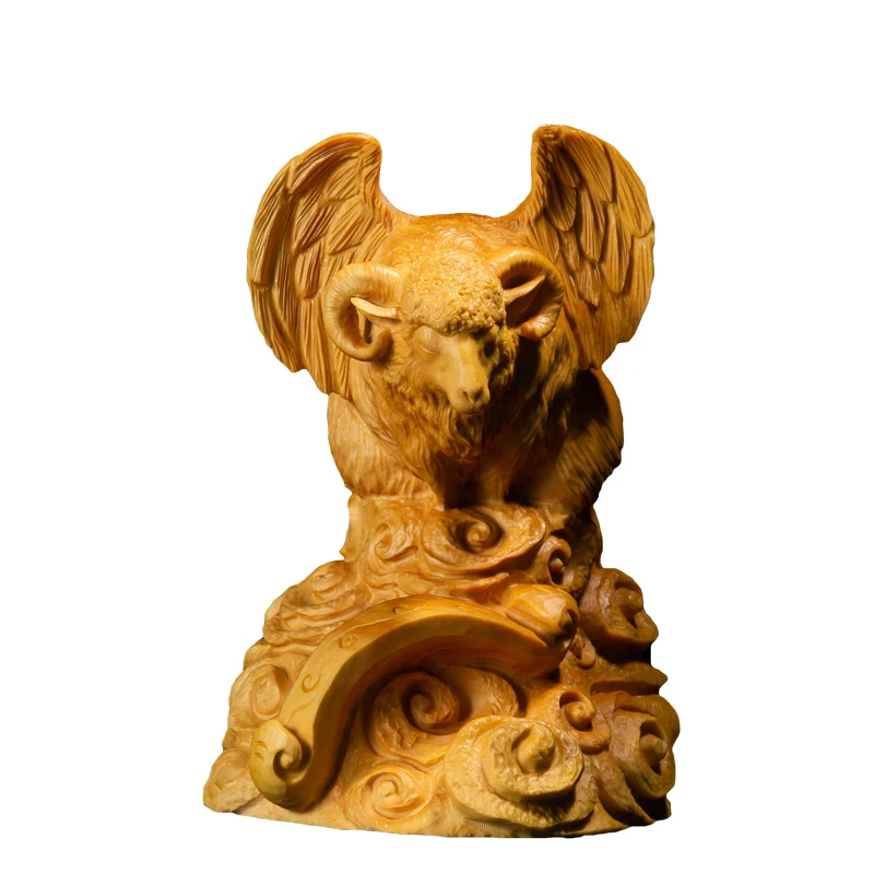 XS235-10CM Hand Carved Boxwood Carving Figurine Mythical Statue Home Decor -Angel Sheep with Wings Feng Shui Sculpture