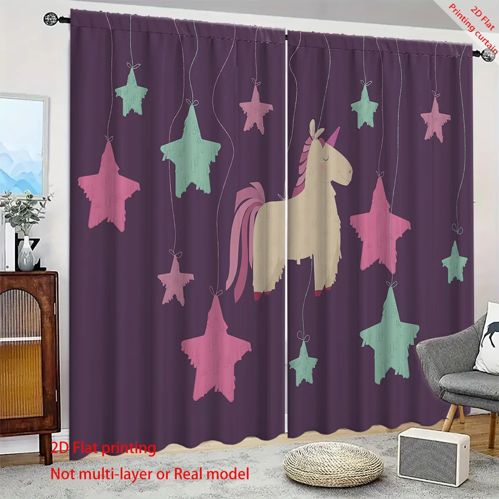 Purple Cartoon Starry Sky Printed Curtains, Home, Dormitory, Office, Living Room Balcony Decoration Blackout Curtains