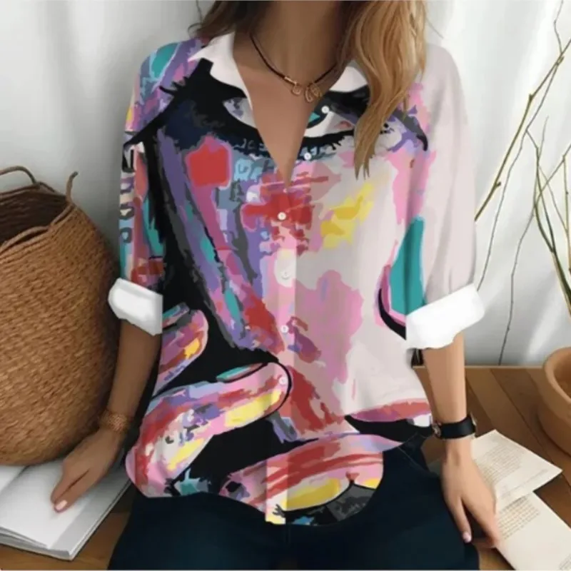 Ladies Turn Down Collar Blouse Tops 2024 New Fashionable 3D Digital Print Womens Loose Single Breasted Cardigan Shirt Streetwear