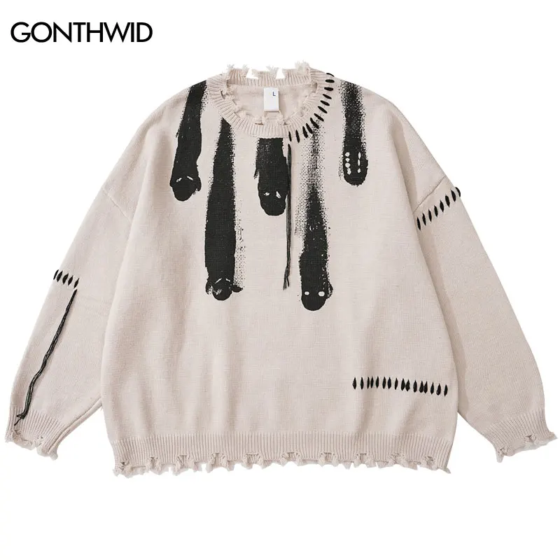 Hip Hop Sweaters Streetwear Y2K Grunge Ripped Ghost Print Punk Gothic Knitted Jumpers Autumn Harajuku Casual Pullover Sweaters